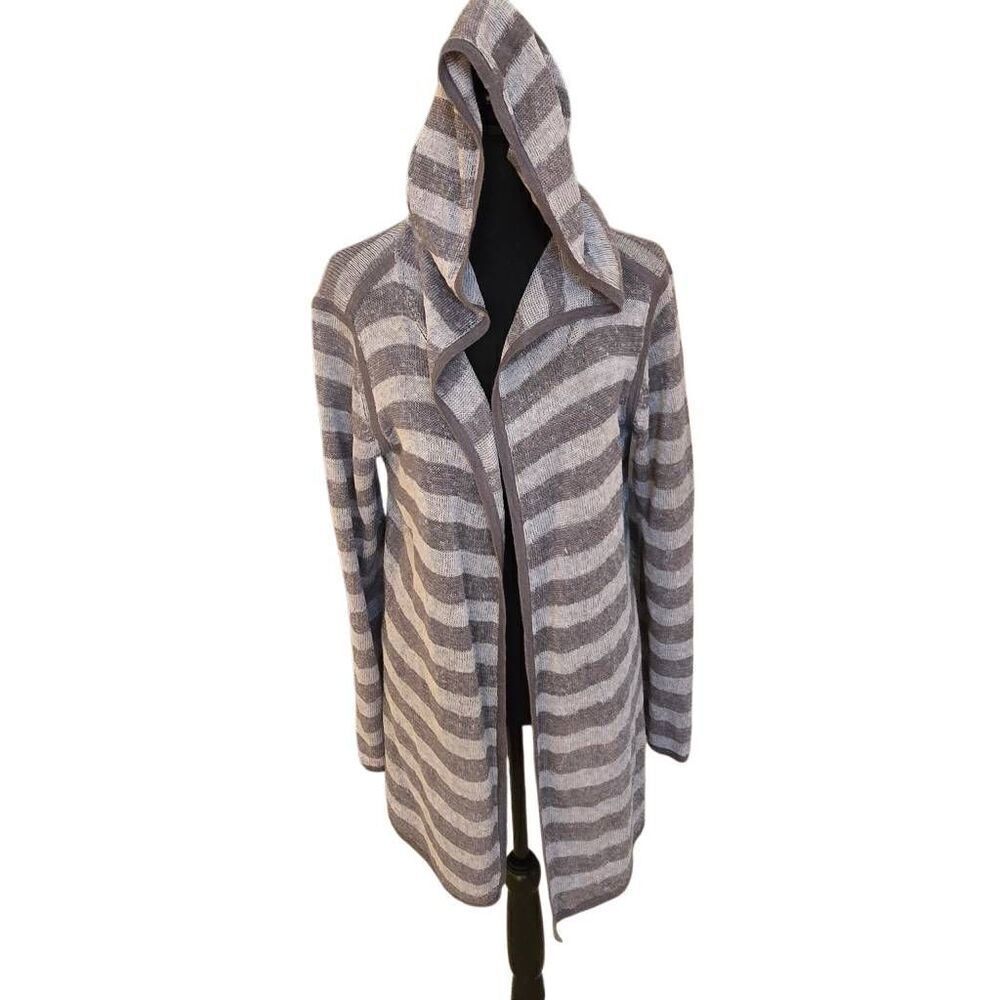 Eileen Fisher Womens Gray Striped Long Sleeve Hooded Open Front Sweater Size Med